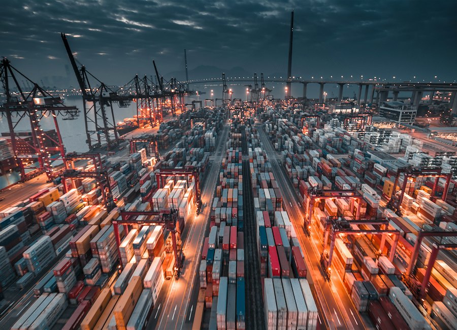 Container port at dusk